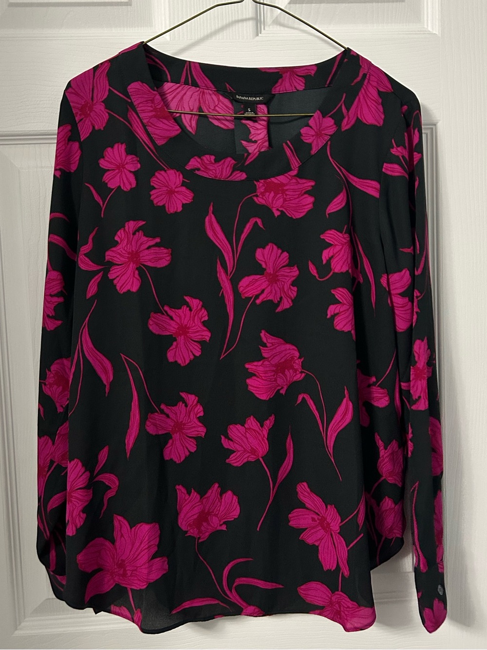 Banana Republic Black Blouse with Fuchsia Floral Print
